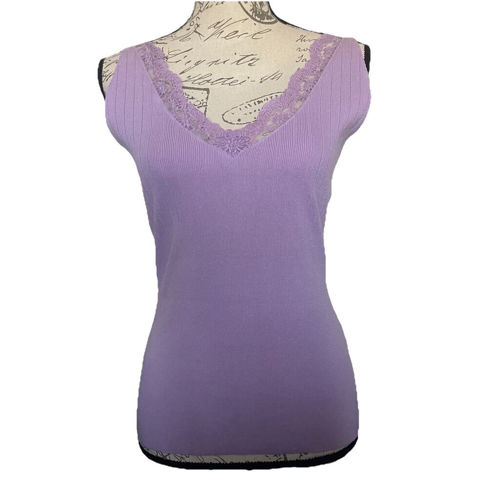 Bibi Lace Trim V-Neck Top Size‎ L Sleeveless Lavender Y2K Fairy Romantic